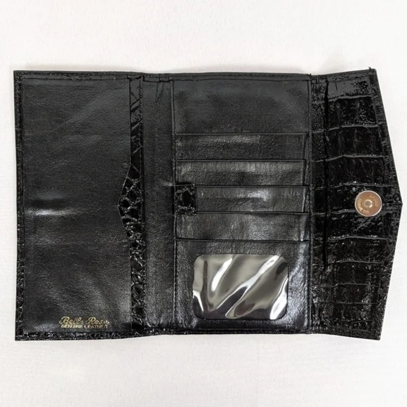 Belle Rose Formal Wallet Patent Leather Crocodile Embossed Shiny Black Retro - Picture 3 of 9